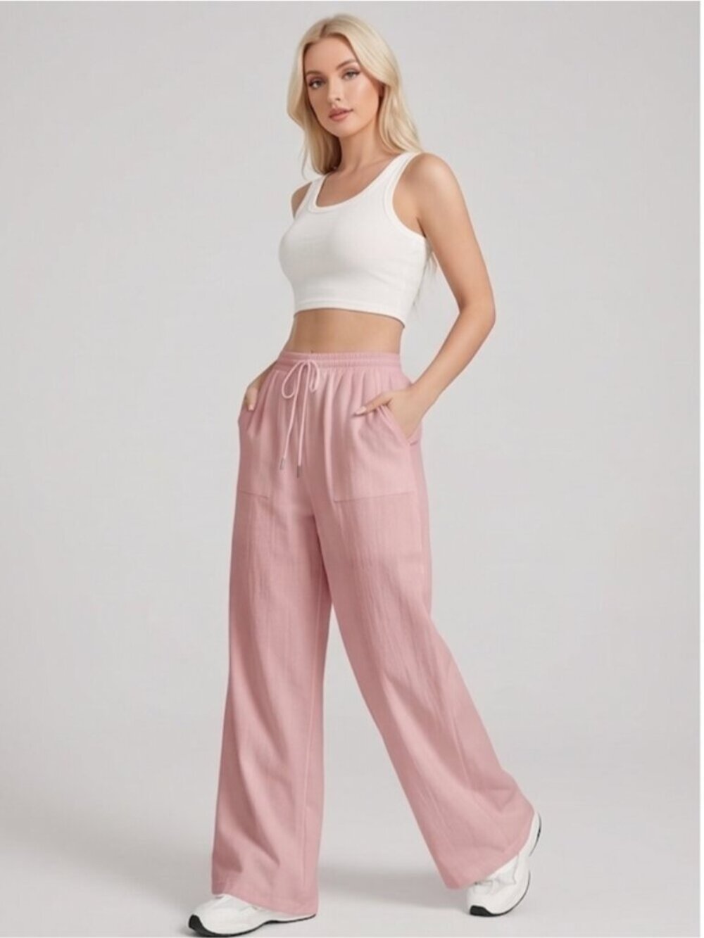 100% Cotton Drawstring Waist Wide Leg Pants Pink